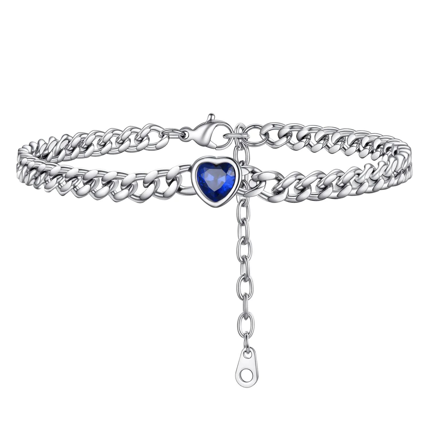Anklet Heart Birthstone Bracelet for Women with Cuban Chain