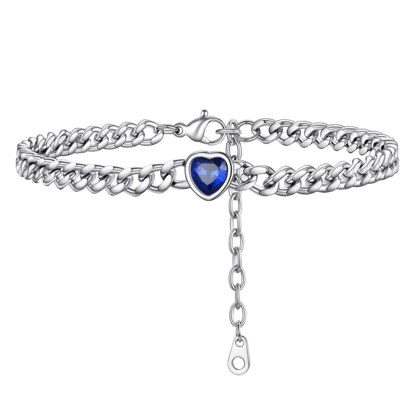 Anklet Heart Birthstone Bracelet for Women with Cuban Chain