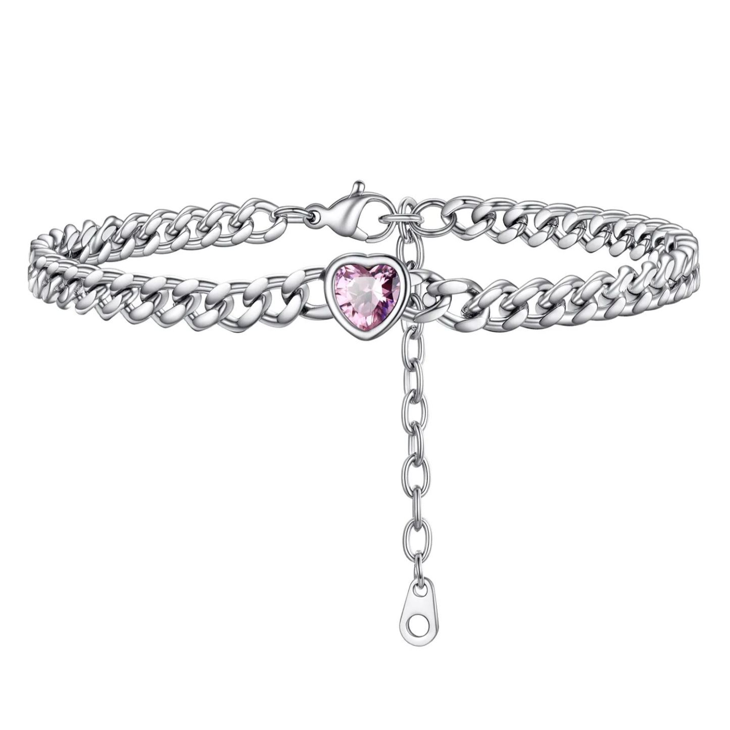 Anklet Heart Birthstone Bracelet for Women with Cuban Chain