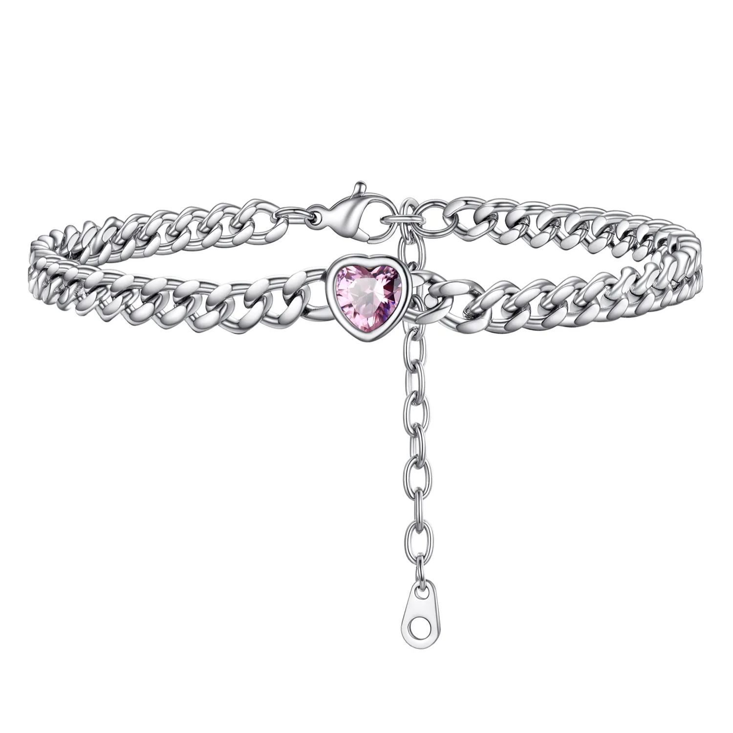 Anklet Heart Birthstone Bracelet for Women with Cuban Chain