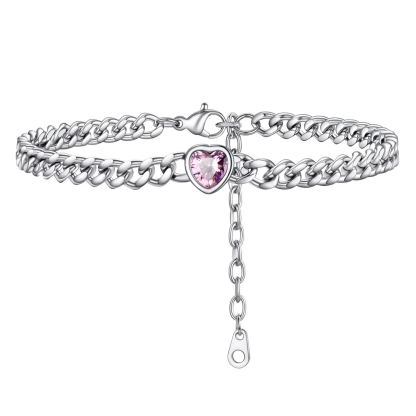 Anklet Heart Birthstone Bracelet for Women with Cuban Chain