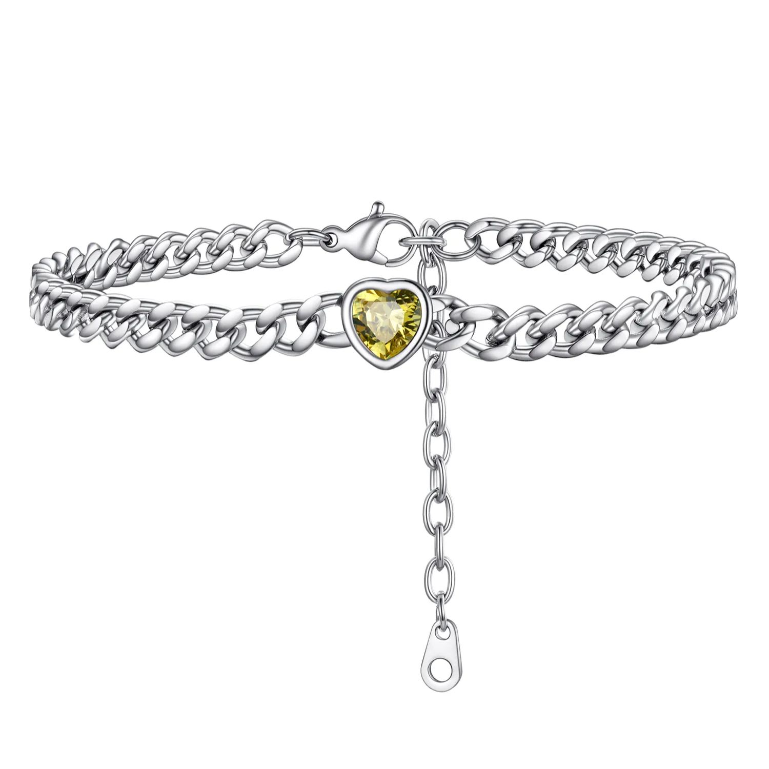 Anklet Heart Birthstone Bracelet for Women with Cuban Chain