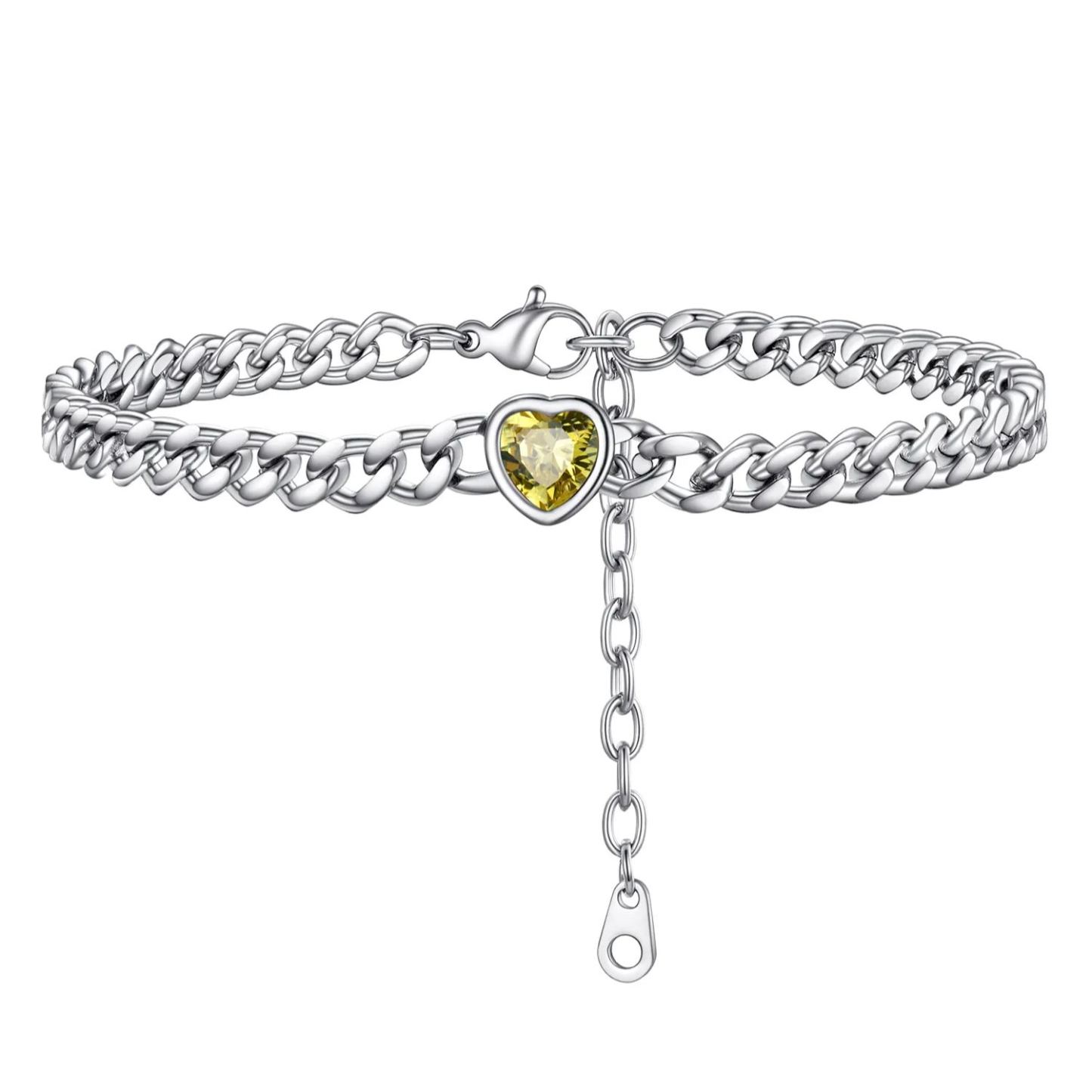 Anklet Heart Birthstone Bracelet for Women with Cuban Chain