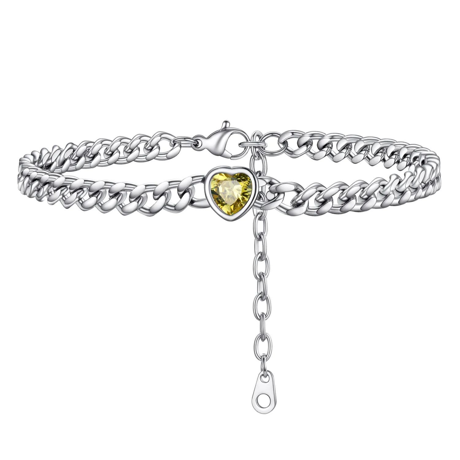 Anklet Heart Birthstone Bracelet for Women with Cuban Chain