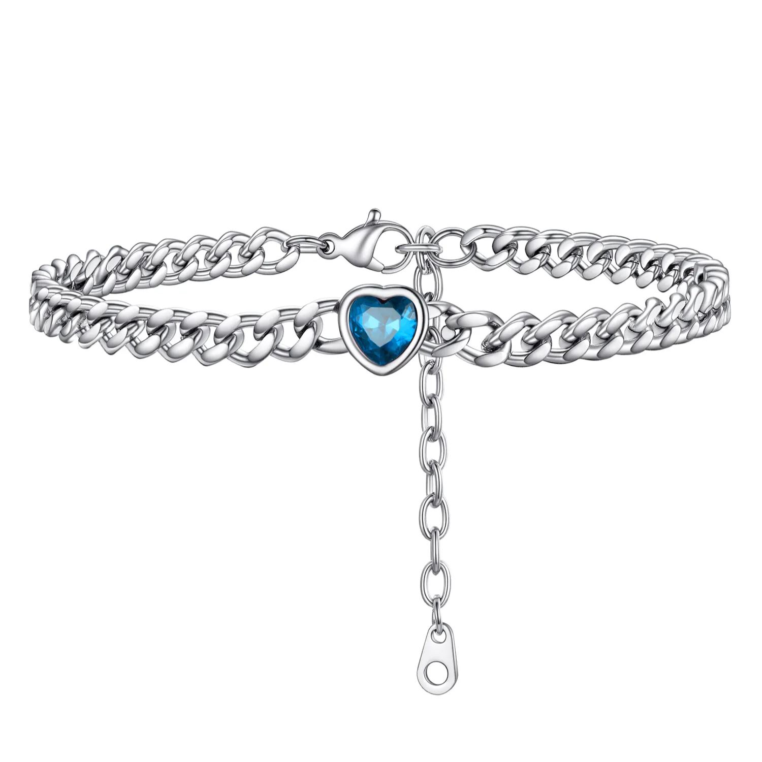 Anklet Heart Birthstone Bracelet for Women with Cuban Chain