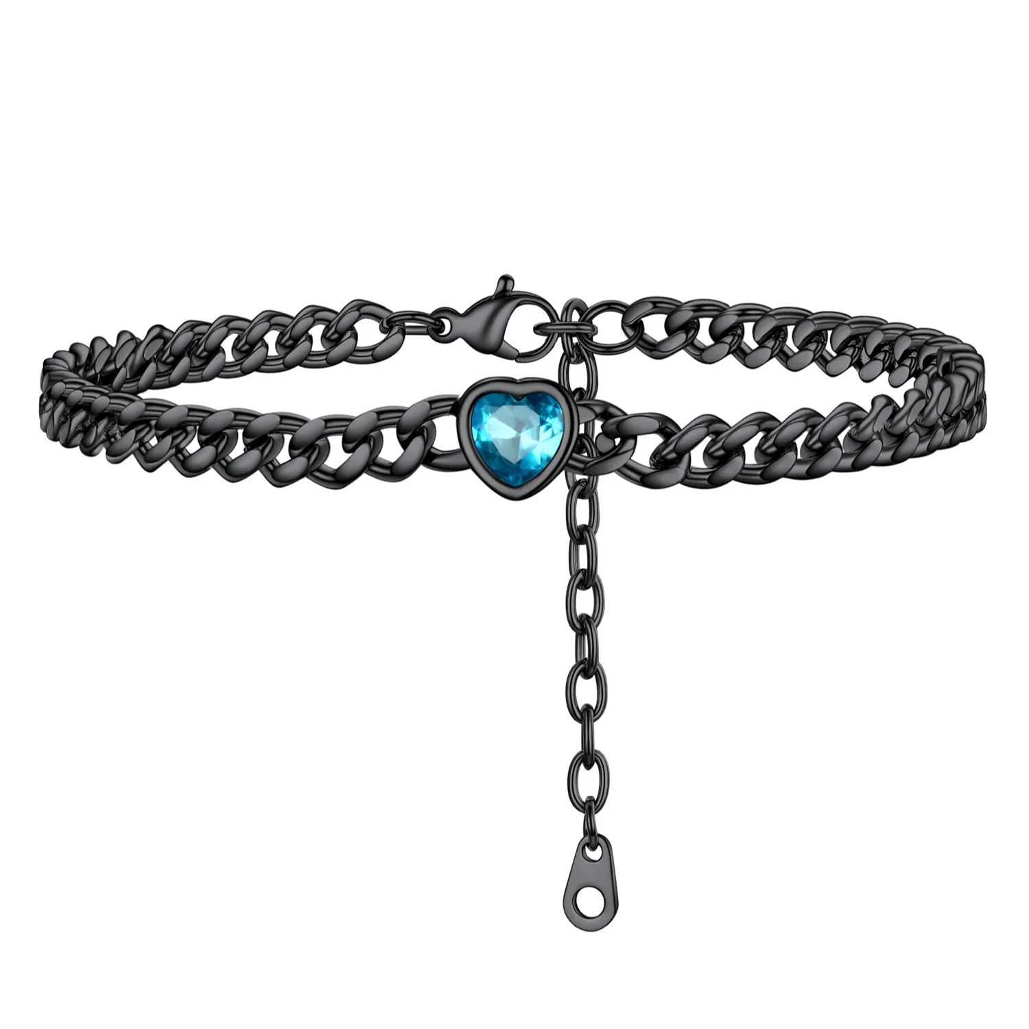 Anklet Heart Birthstone Bracelet for Women with Cuban Chain