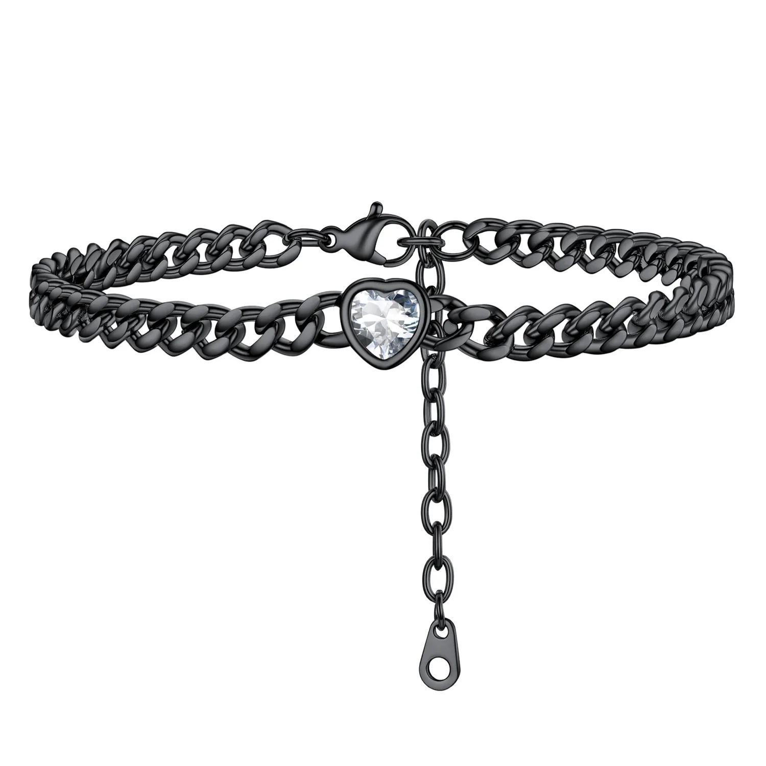 Anklet Heart Birthstone Bracelet for Women with Cuban Chain