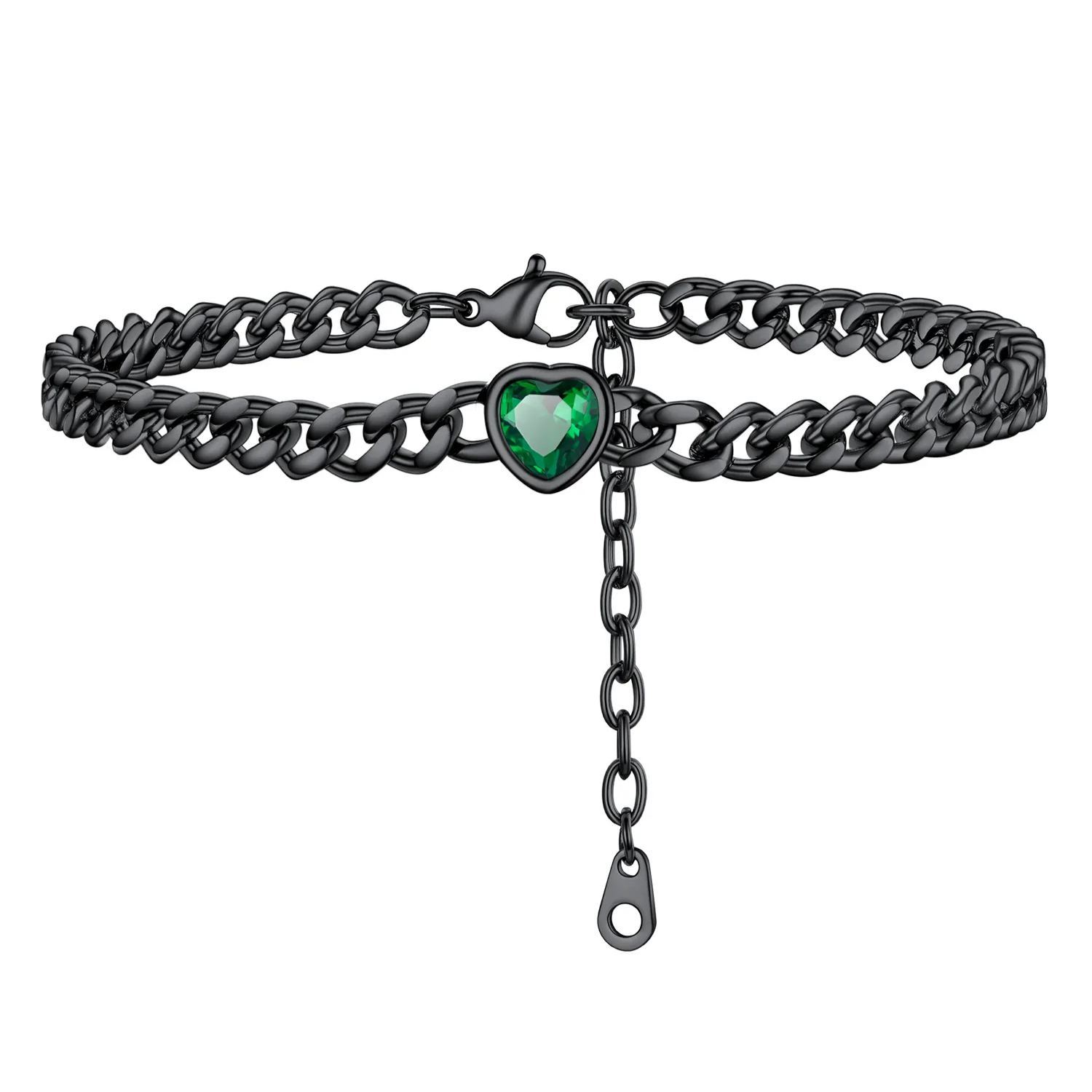 Anklet Heart Birthstone Bracelet for Women with Cuban Chain