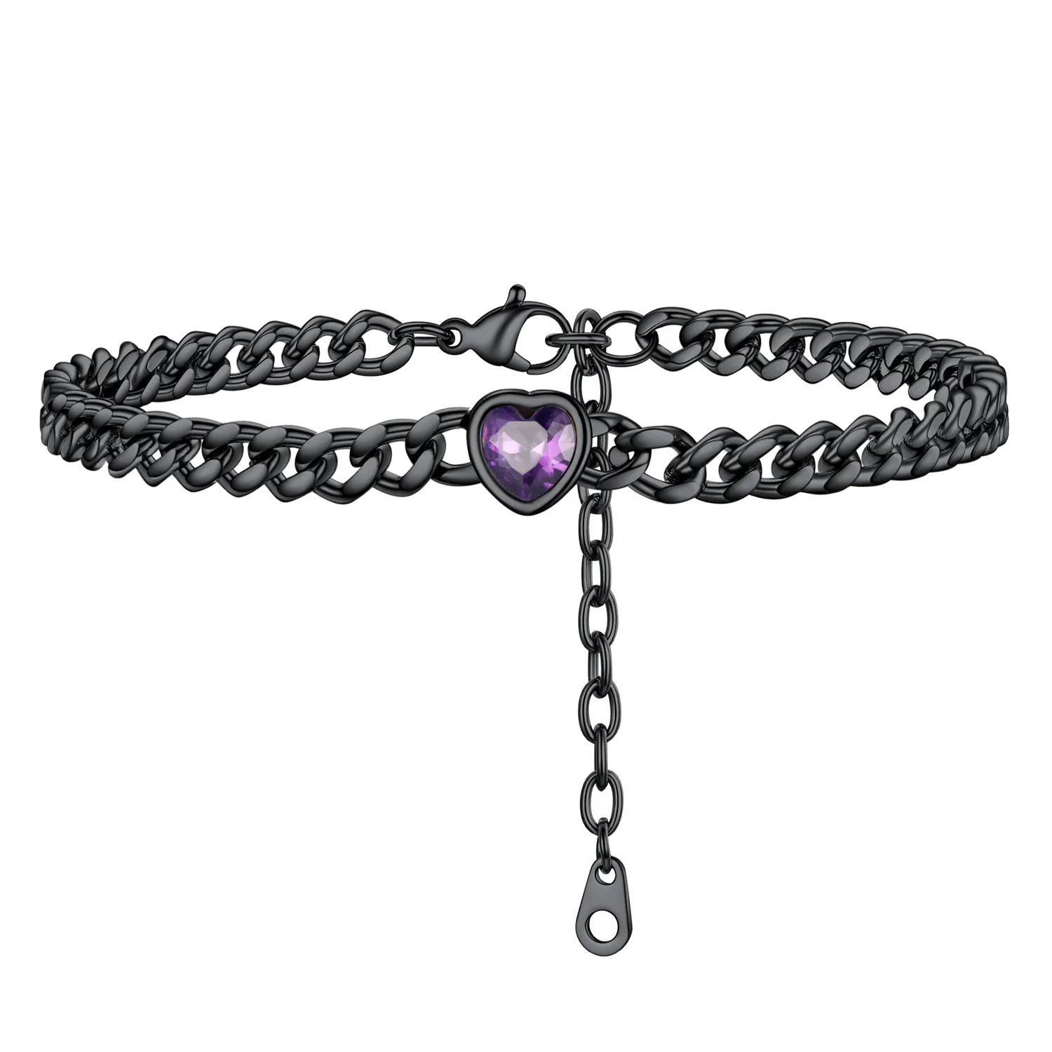 Anklet Heart Birthstone Bracelet for Women with Cuban Chain