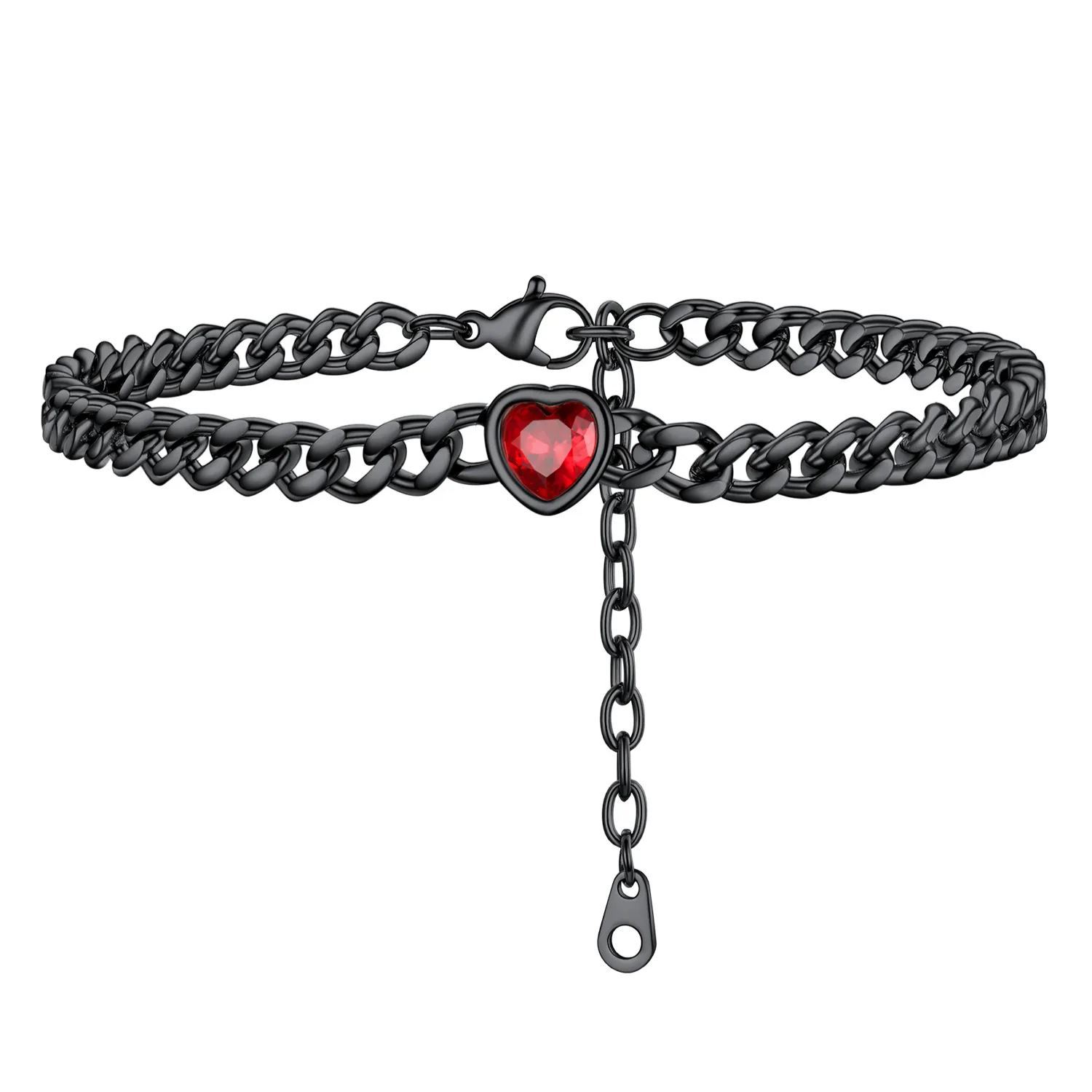 Anklet Heart Birthstone Bracelet for Women with Cuban Chain