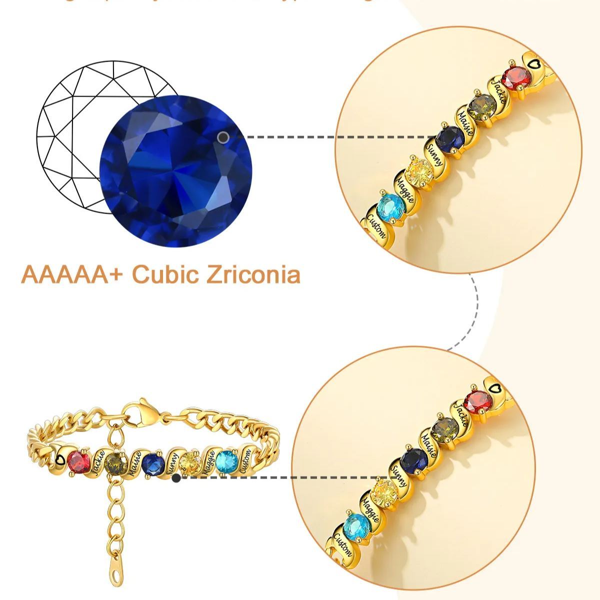 Personalized Family Birthstone Cuban Link Chain Bracelet for women