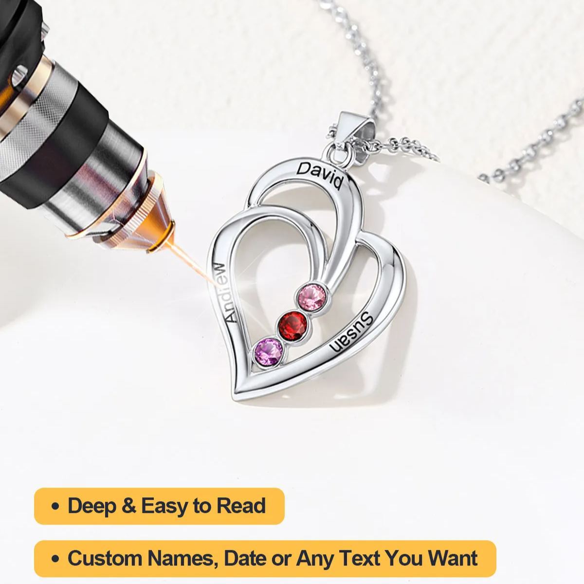Personalized Family Heart Birthstone engraved Necklace