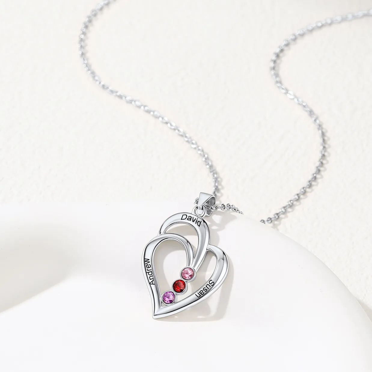 Personalized Family Heart Birthstone silver Necklace