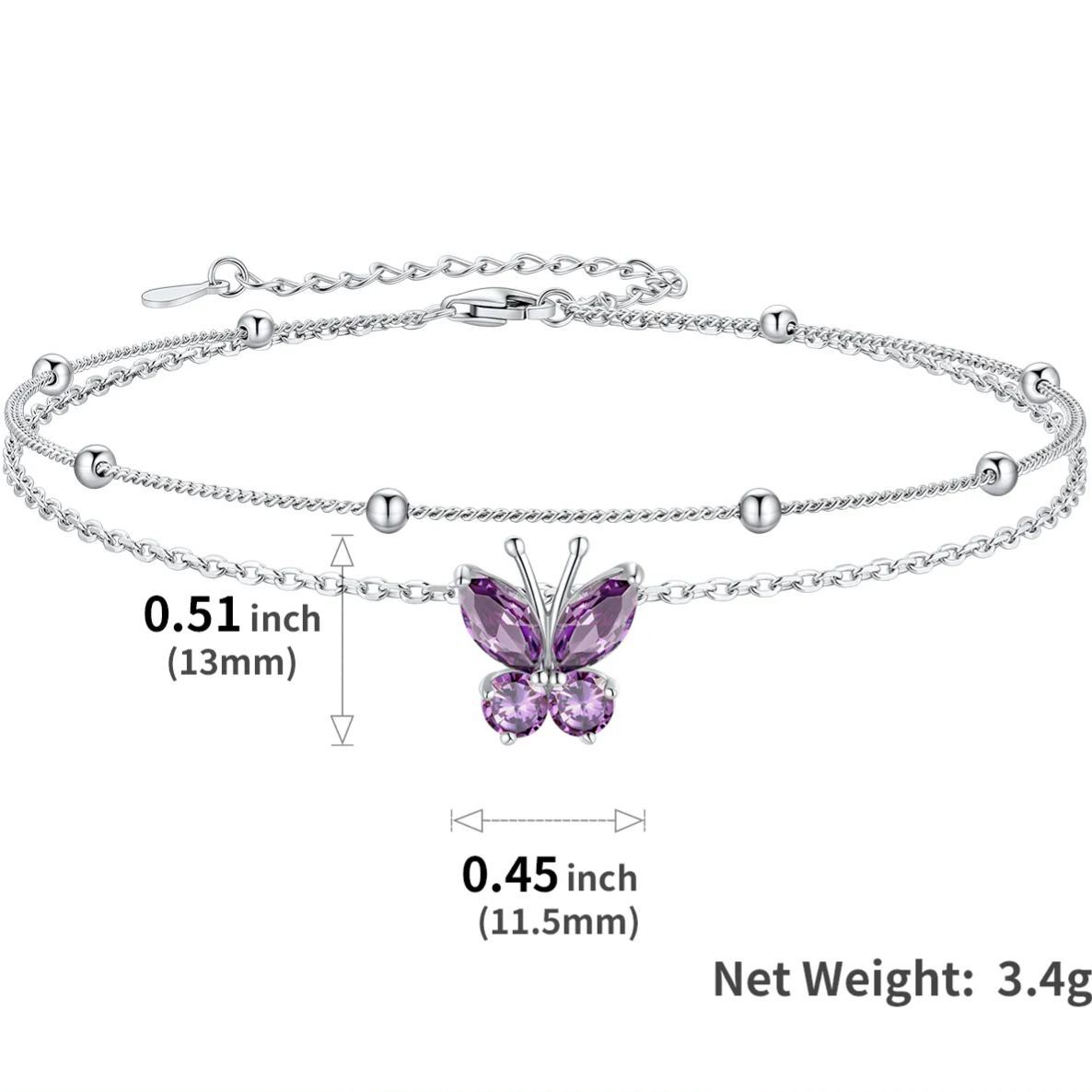 925 Sterling Silver Birthstone Butterfly Anklet For Women size