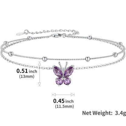 925 Sterling Silver Birthstone Butterfly Anklet For Women size