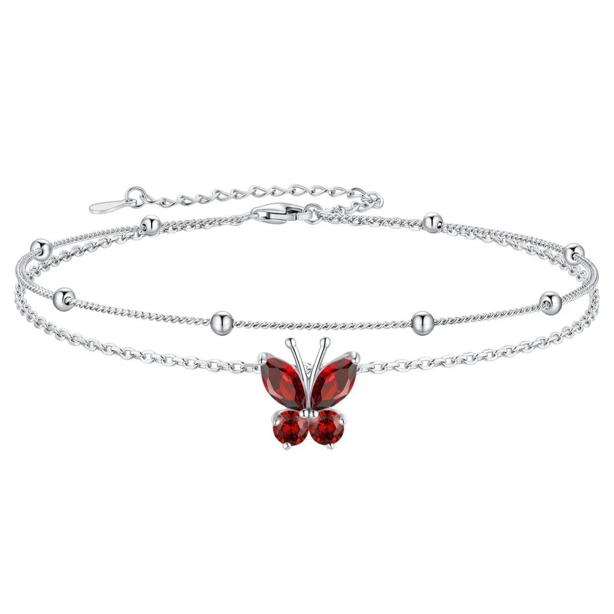 925 Sterling Silver Birthstone Butterfly Anklet For Women