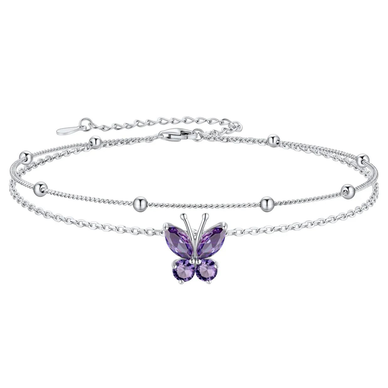 925 Sterling Silver Birthstone Butterfly Anklet For Women