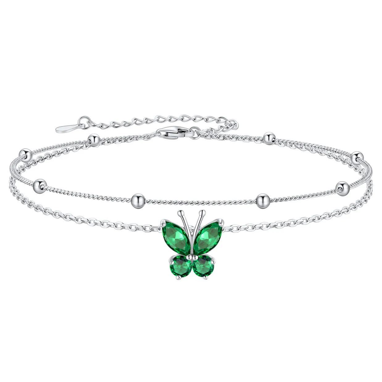 925 Sterling Silver Birthstone Butterfly Anklet For Women