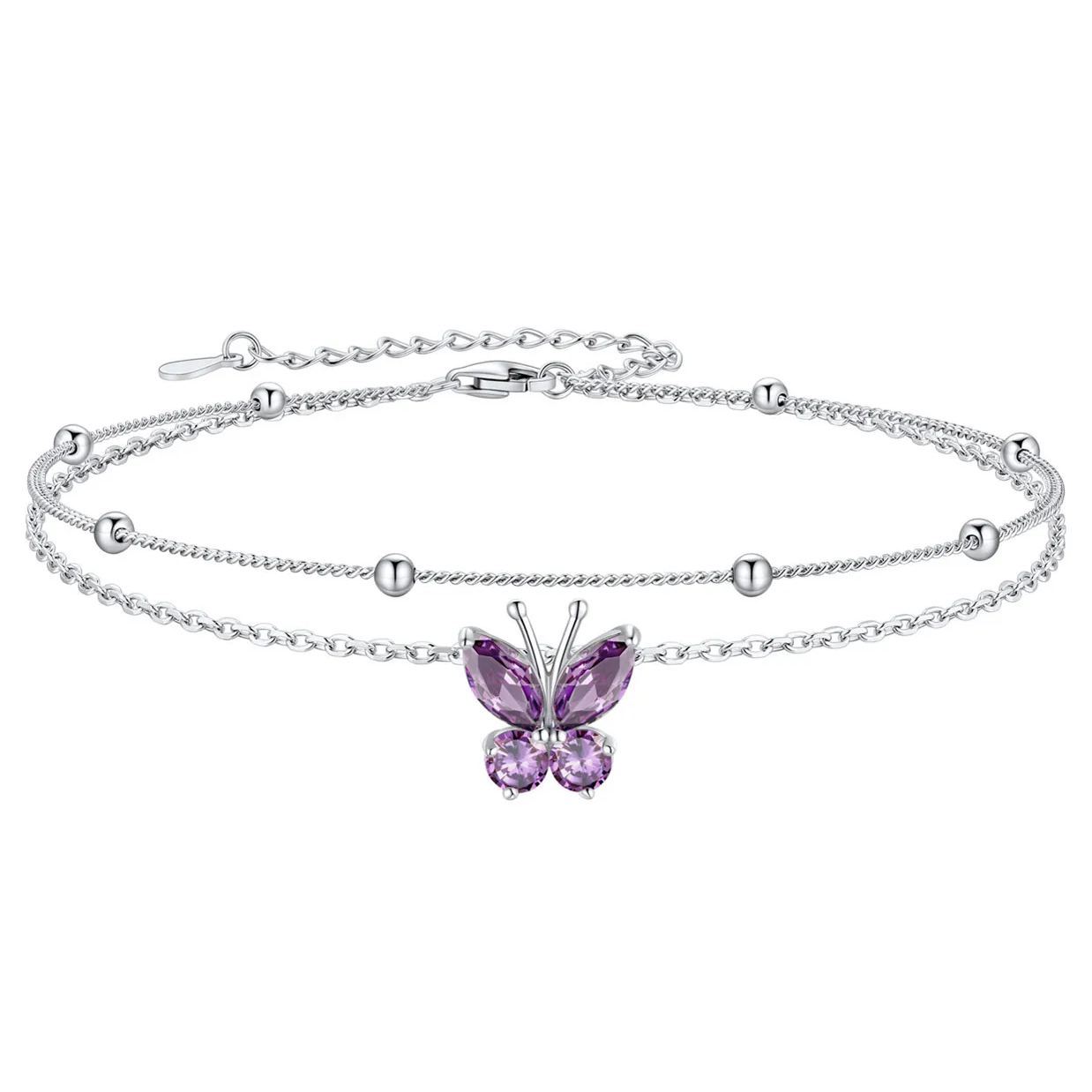 925 Sterling Silver Birthstone Butterfly Anklet For Women