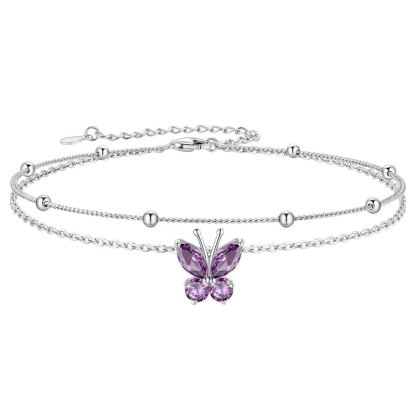 925 Sterling Silver Birthstone Butterfly Anklet For Women