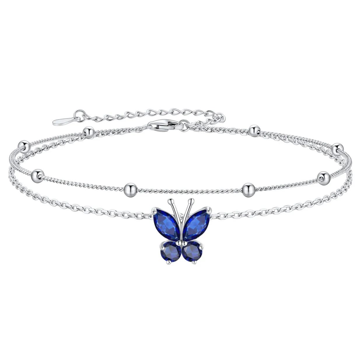 925 Sterling Silver Birthstone Butterfly Anklet For Women
