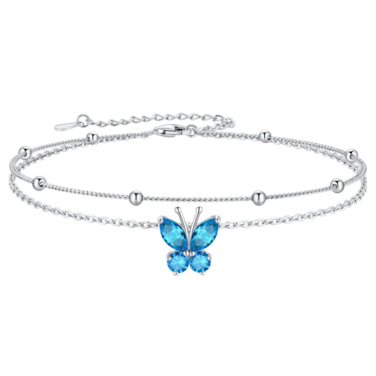 925 Sterling Silver Birthstone Butterfly Anklet For Women