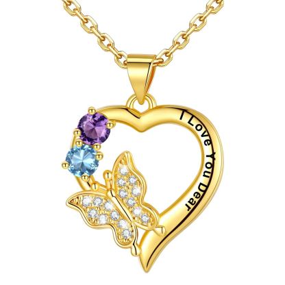 Personalized Birthstone Butterfly Heart Necklace for Women