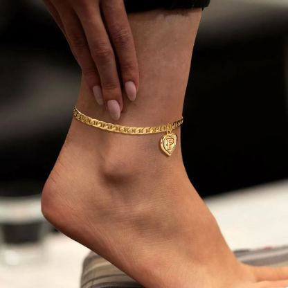 Mariner Chain Initial Heart Charm Anklet for Women gold