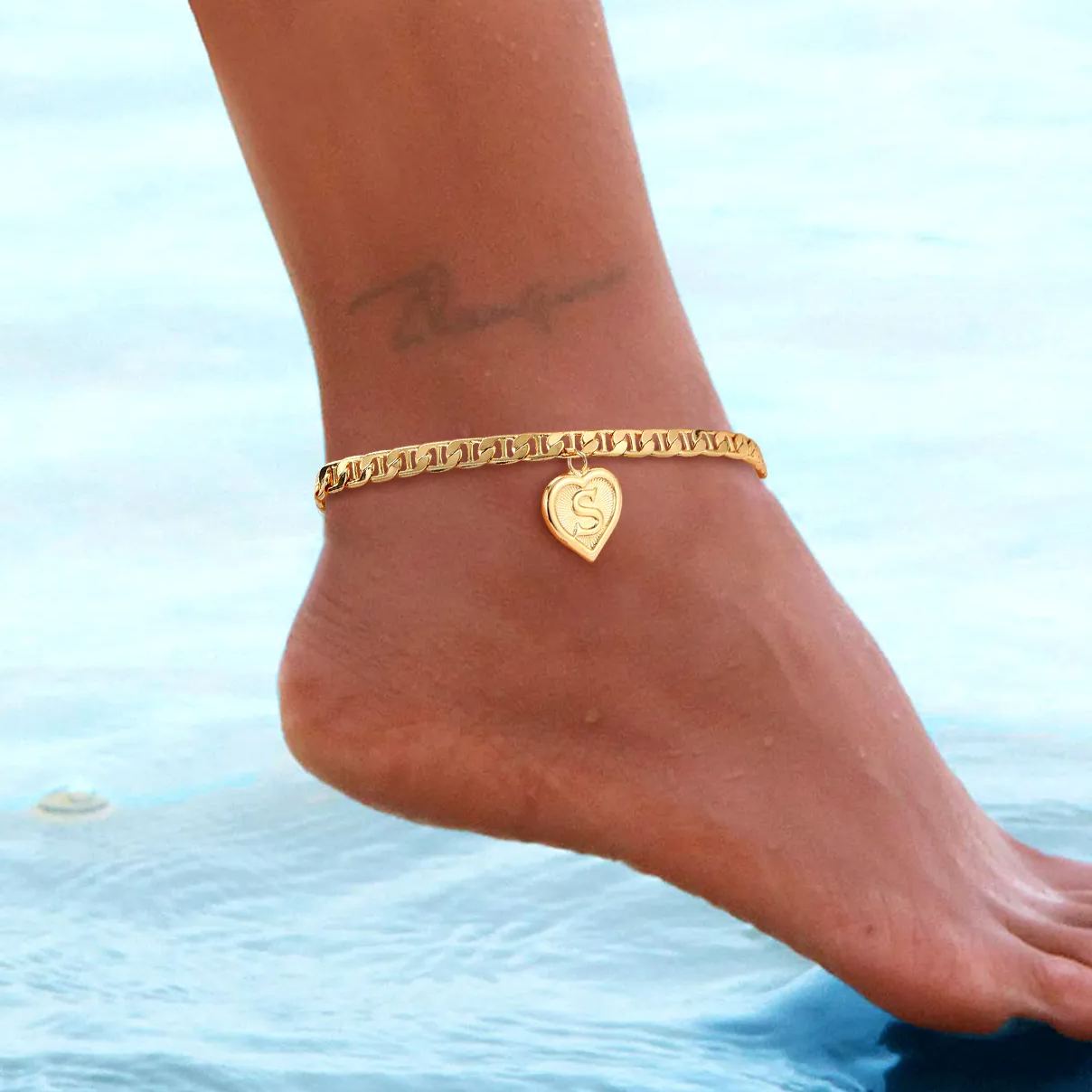 Mariner Chain Initial Heart Charm Anklet