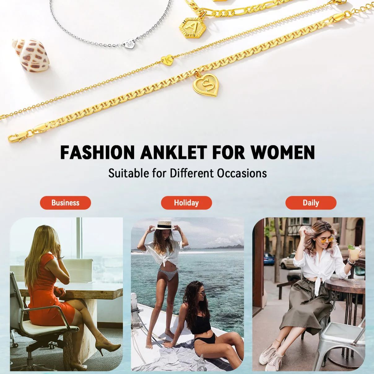 Chain Initial Heart Charm Anklet for Women