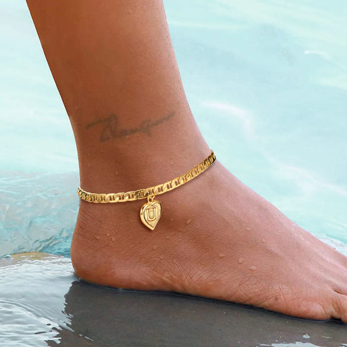 Mariner Chain Initial Heart Charm Anklet for Women