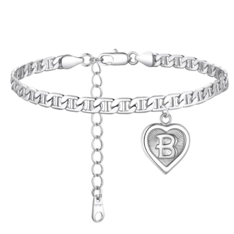 Mariner Chain Initial Heart Charm Anklet for Women