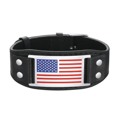 American Flag Bracelet Black Leather Wristband for Men