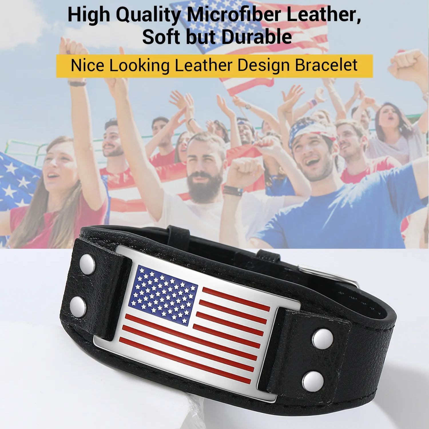 American Flag Bracelet Black Leather Wristband for Men