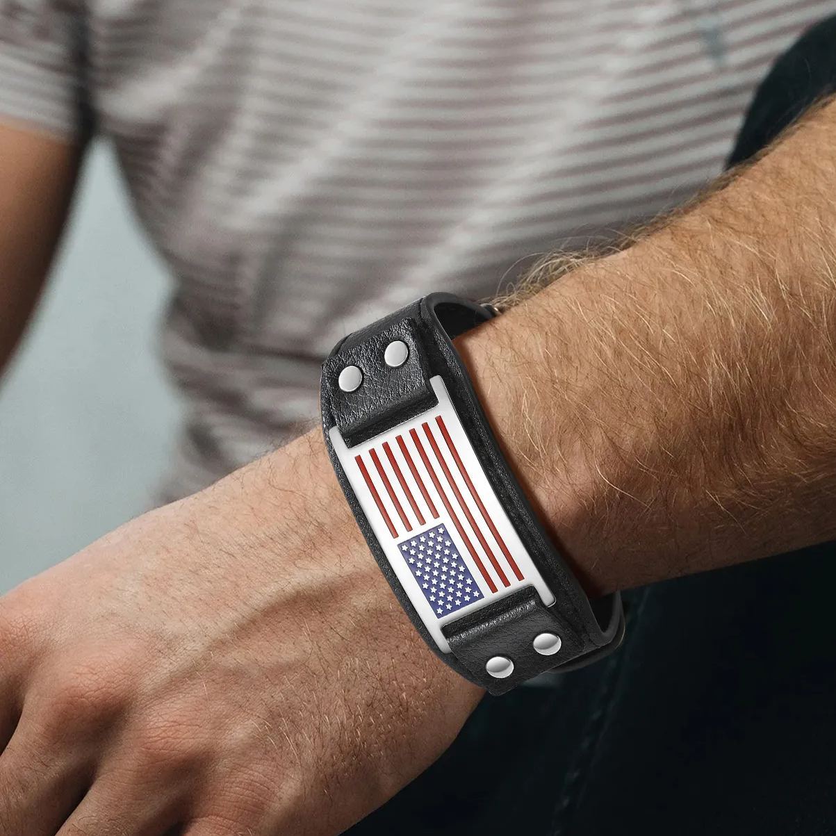 4th of july jewelry Bracelet Black Leather Wristband for Men