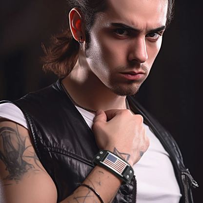 American Flag Bracelet Black Leather Wristband gift for Men