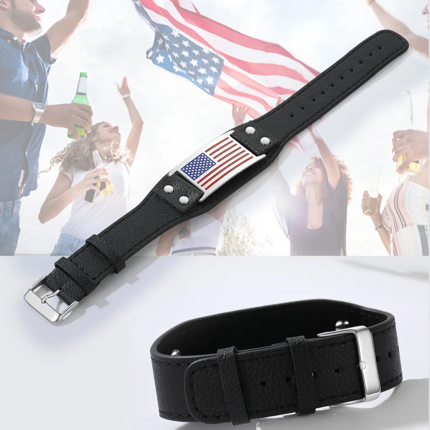 American Flag Bracelet Black Leather Wristband