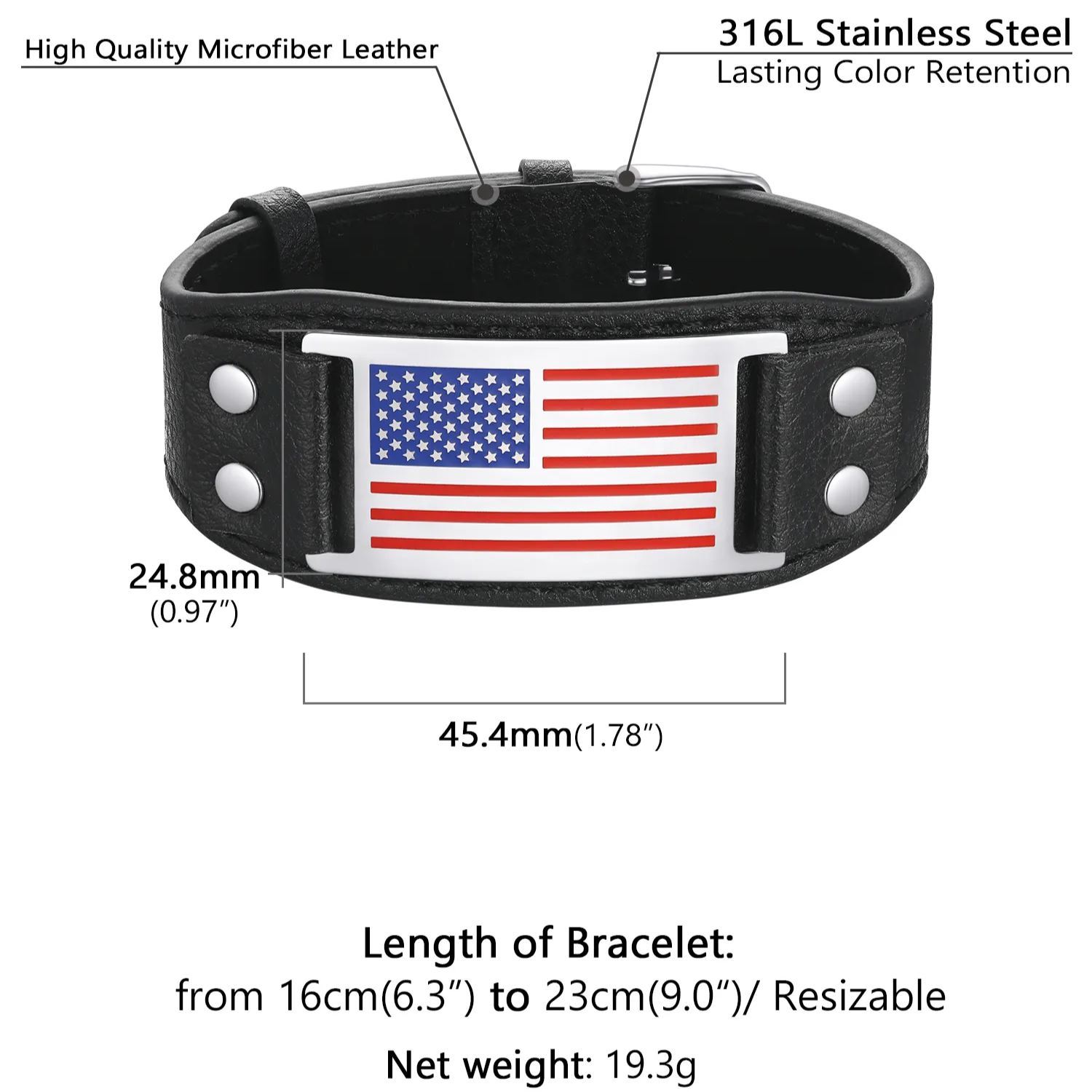 American Flag Bracelet Black Leather Wristband for Men size