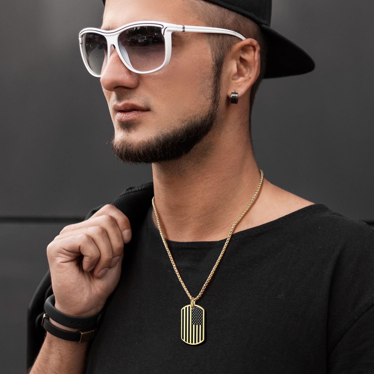 Engraved 4th of July American Flag Dog Tag Necklace For Men