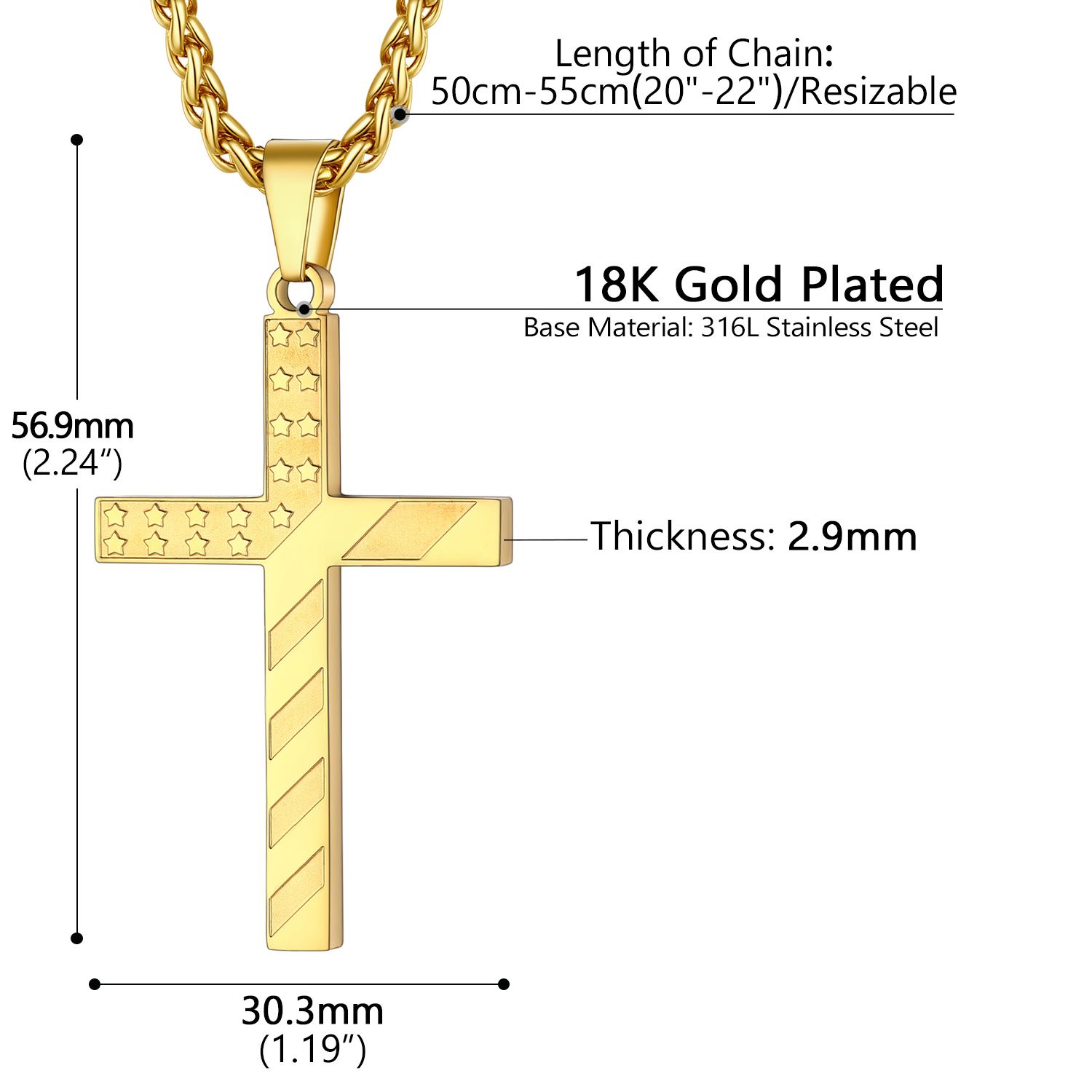 Patriotic American Flag Cross Pendant Necklace size