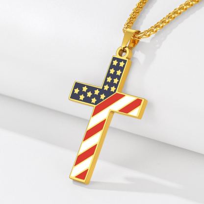 American Flag Cross Pendant Necklace for Men Women for 4th of july