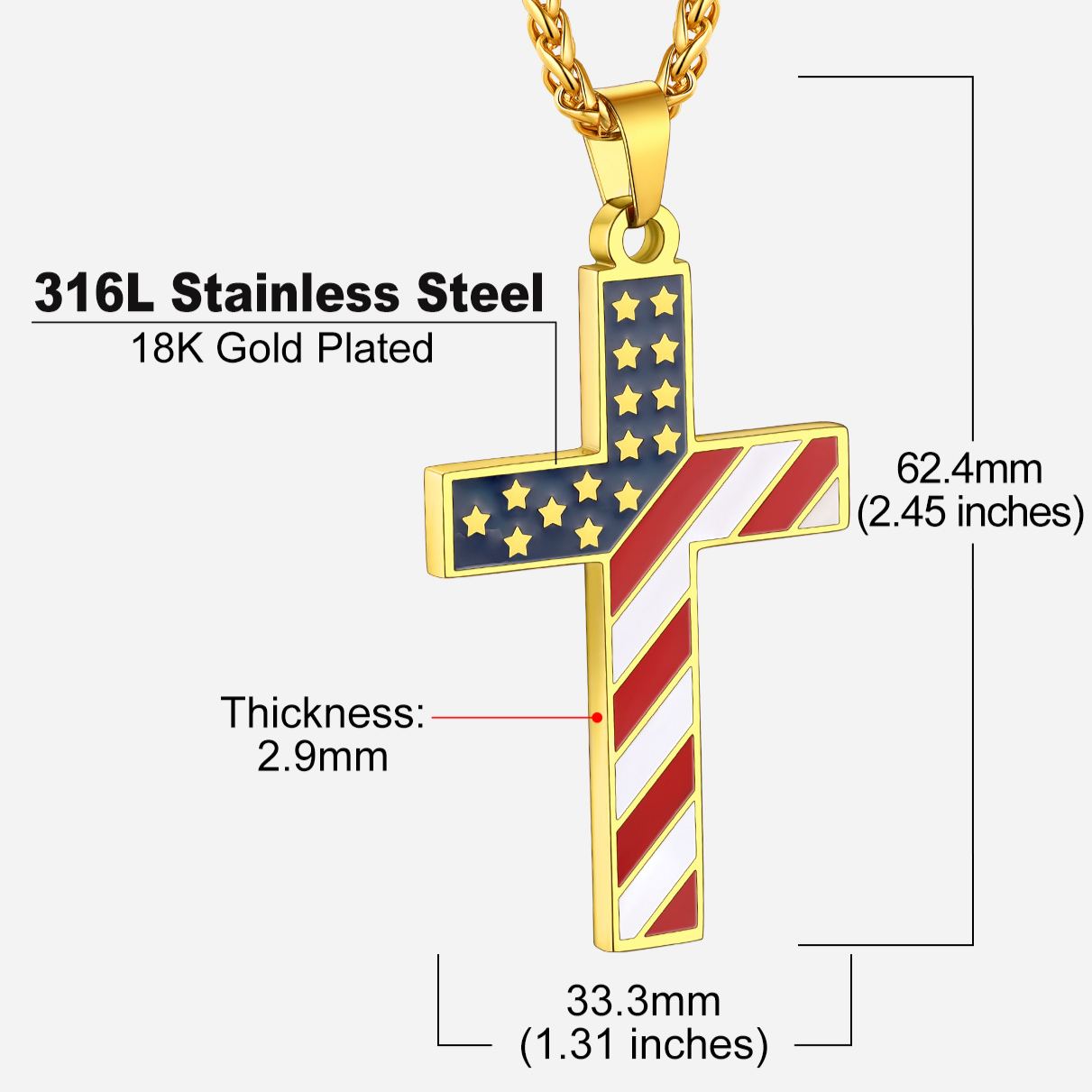 American Flag Cross Pendant Necklace size