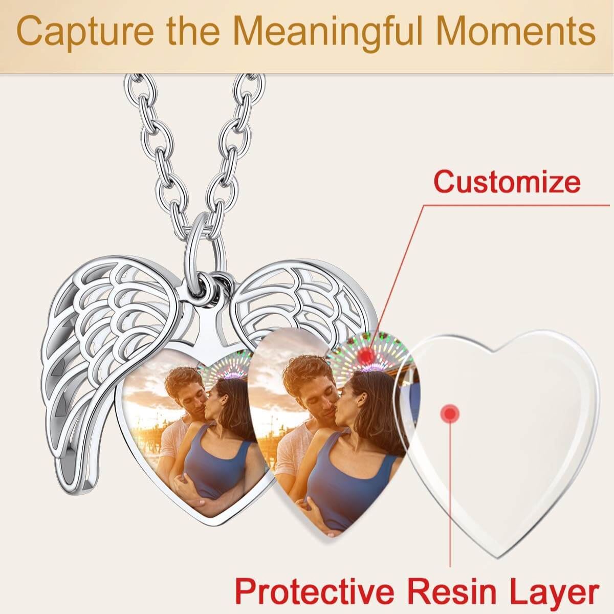 Personalized Angel Wings Heart Locket Necklace with Picture