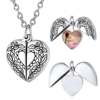 Personalized Photo Heart Locket Necklace with Sunflower