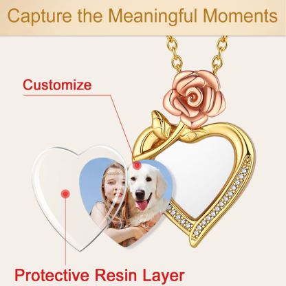 Customized Rose Heart Engraved photo Necklace 