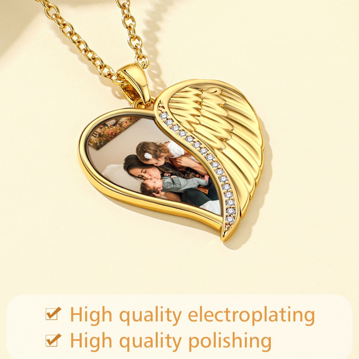 Customized Heart Picture Necklace Angel Wings Necklace gold