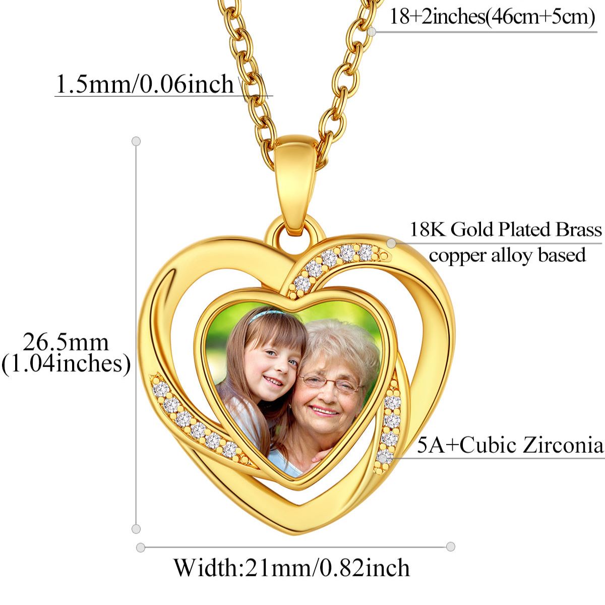 Custom4U Customized Bling CZ Heart Photo Necklace-Dimension Figure