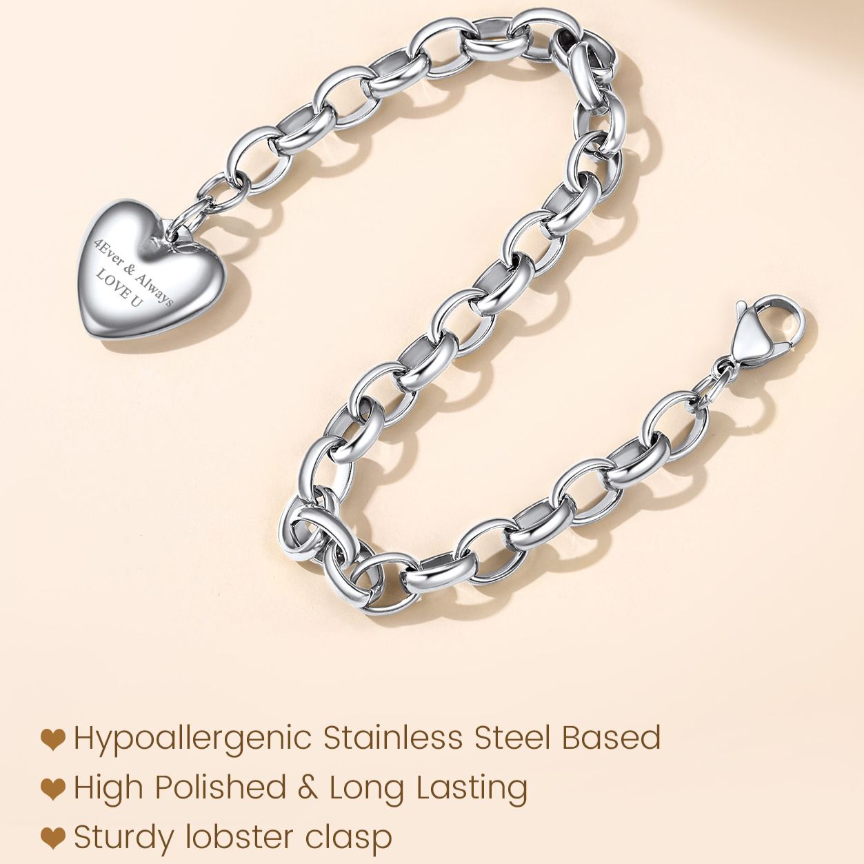 Personalized Heart Charm Bracelet for women detail