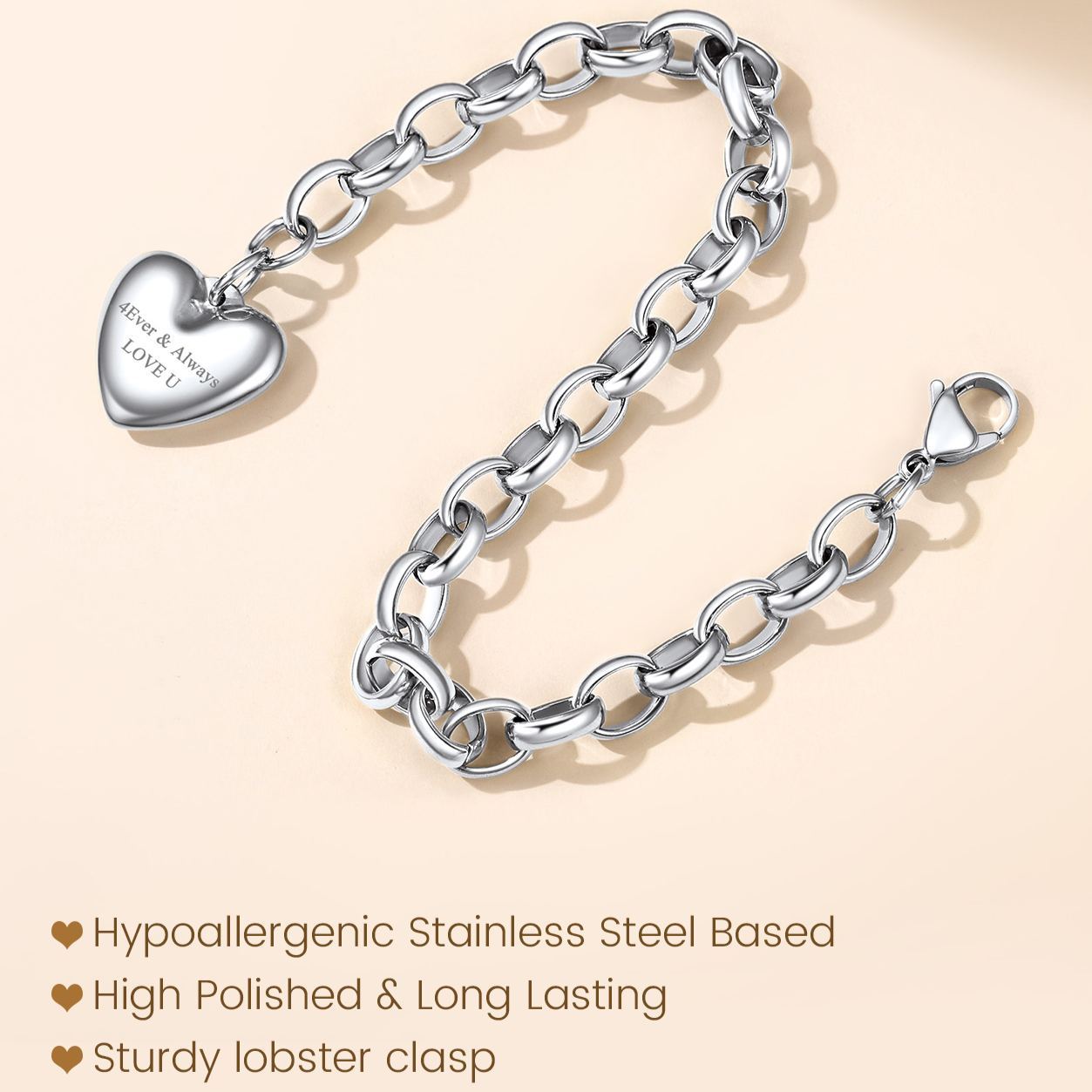 Personalized Heart Charm Bracelet for women detail