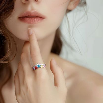 women wearing Personalized 1-5 Birthstone Family Rings for Women 925 Sterling Silver